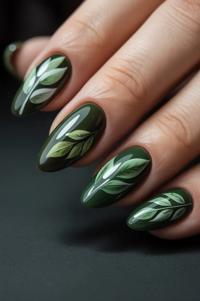 20. Black Gel Nails with Green Leaf Botanical Art