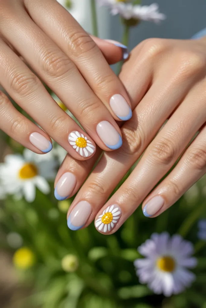 20. Blue French Tip with Tiny White Daisies