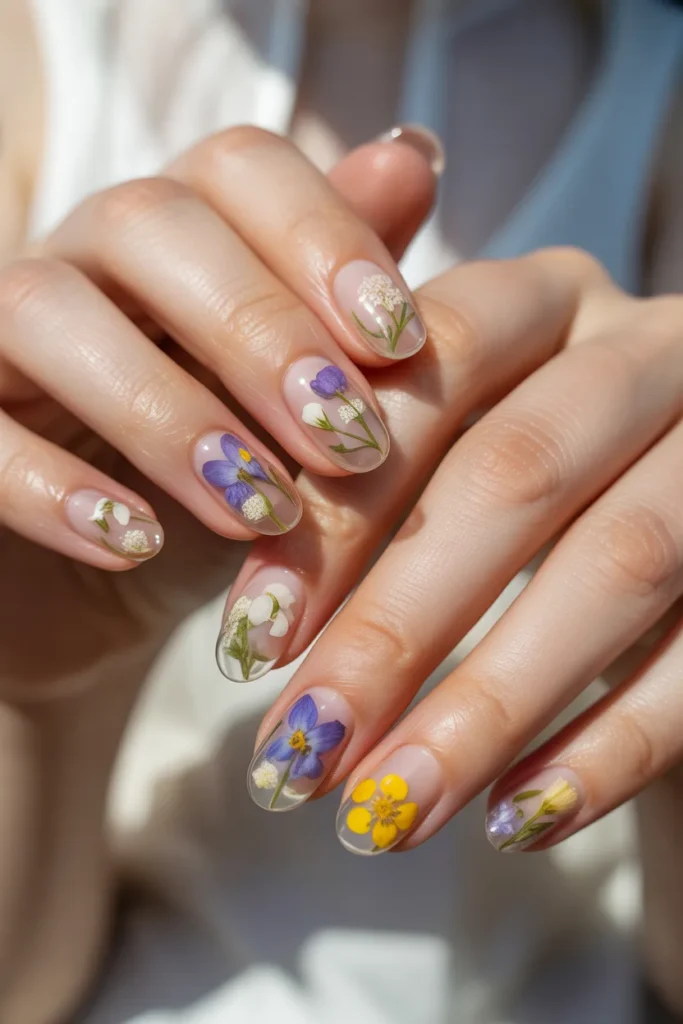 20. Floral Spring Nails — Pressed Flower Gel Design