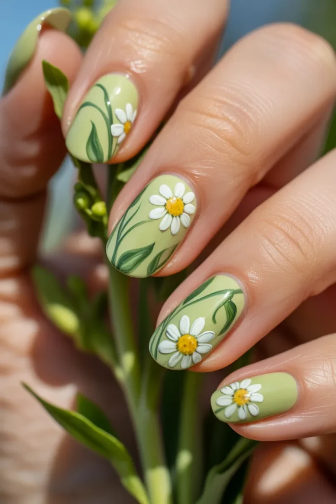 20. Garden Inspired April Nails — Daisy and Leaf
