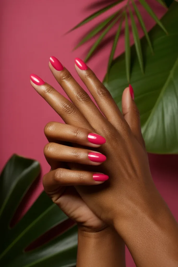 20. Hot Pink Short Almond Nails