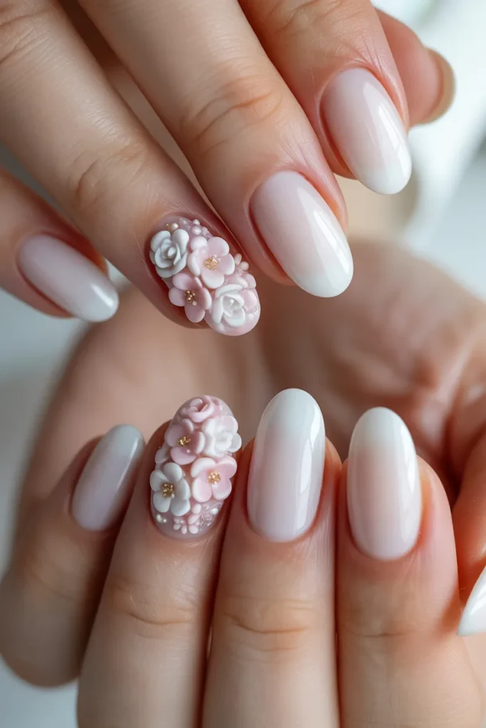 20. Milky White Nails with 3D Flower Accents