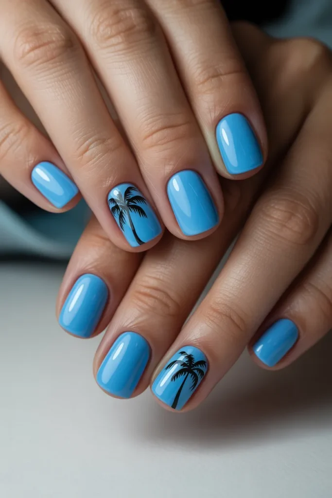 20. Palm Tree Nail Art on Blue Base