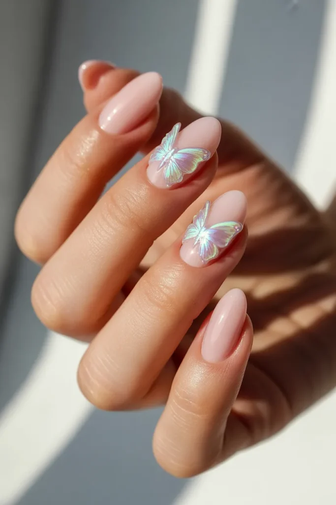 20. Pink Gel Nails with Butterfly Accents