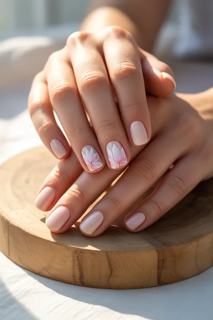 20. Short Square Spring Nails — Lotus Pink Accent Art