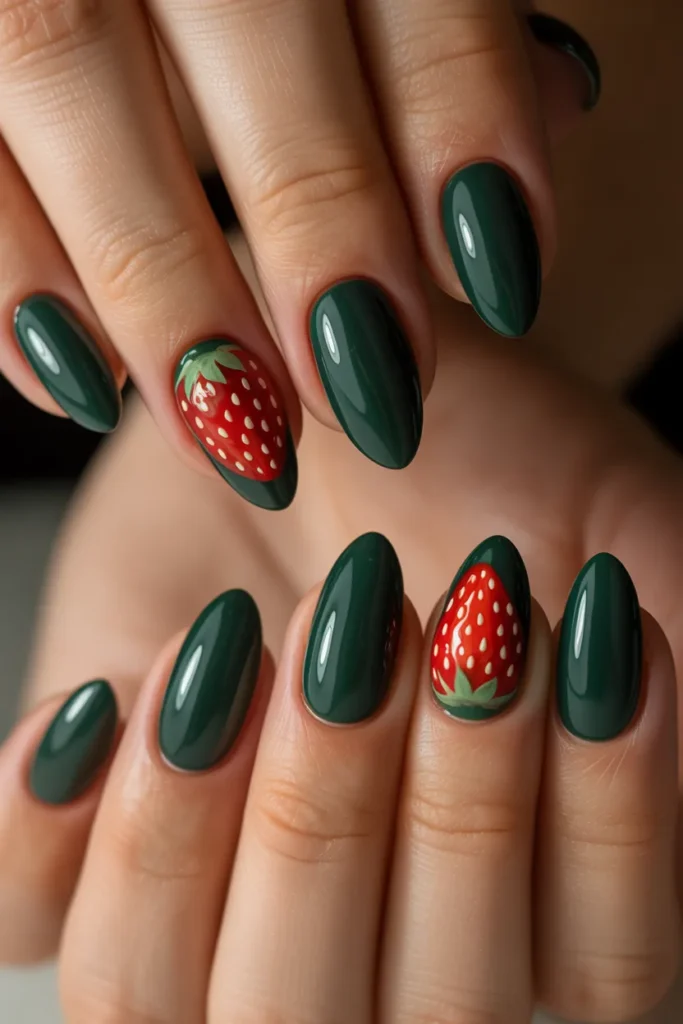 Strawberry Nail Art 21 20. Strawberry Nail Art on Dark Green Base