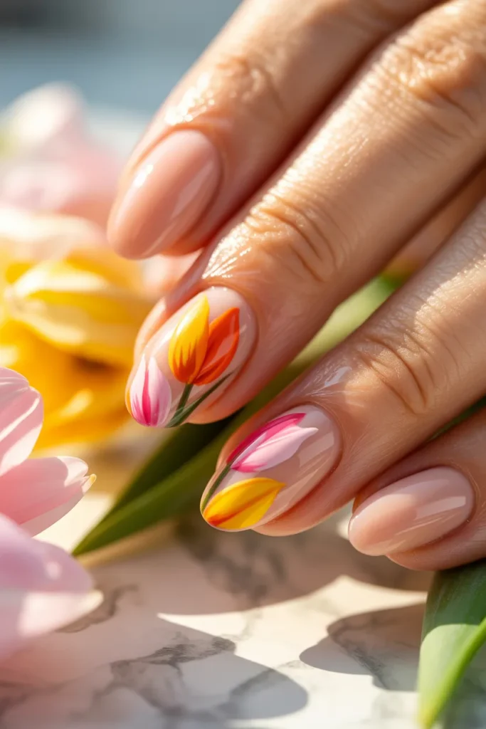 20. Tulip Easter Nails — Bold Pastel Petals on Nude Base