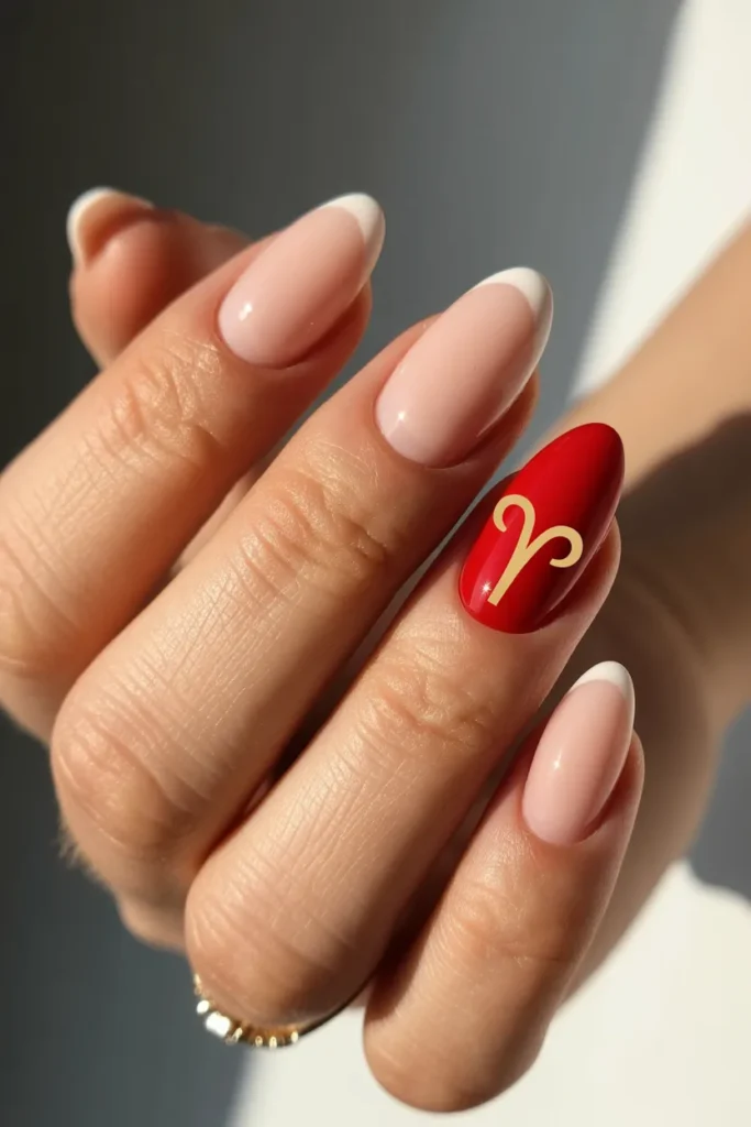 21. Aries Acrylic Nails Ideas — Nude and Red Accent