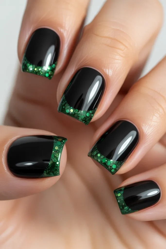 21. Black Square Nails with Green Glitter Tips