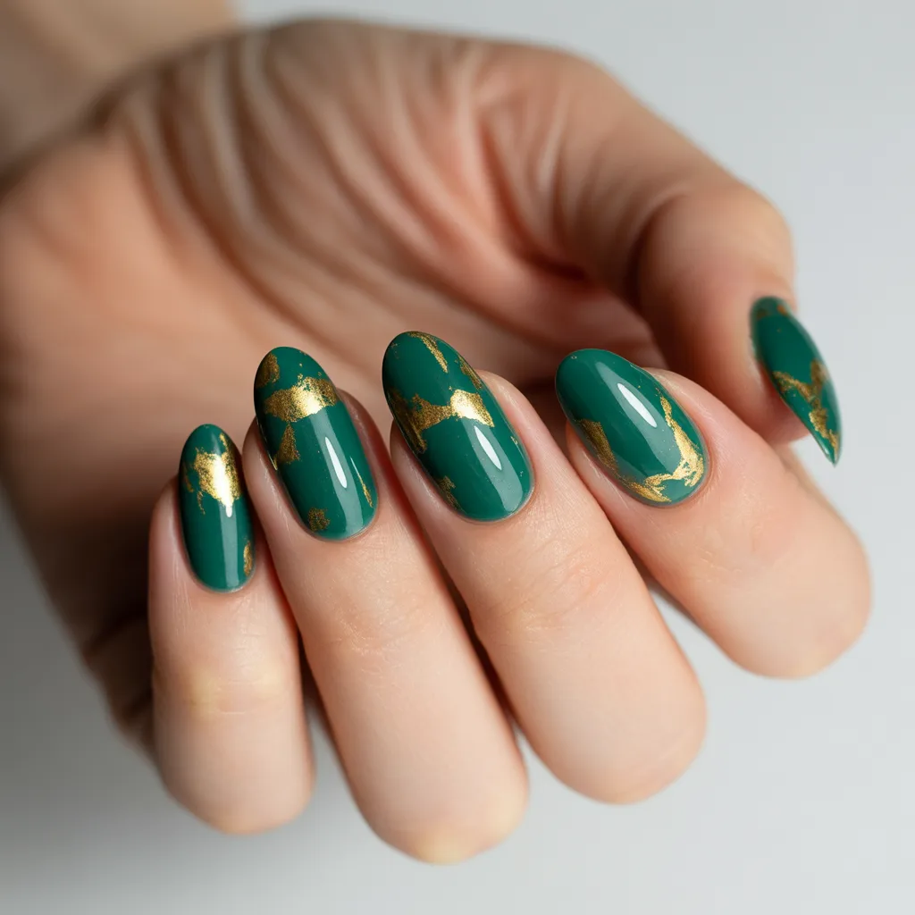21. Cute Gold Foil and Green Nails