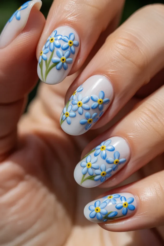 21. Floral Spring Nails Blue — Forget Me Not Design
