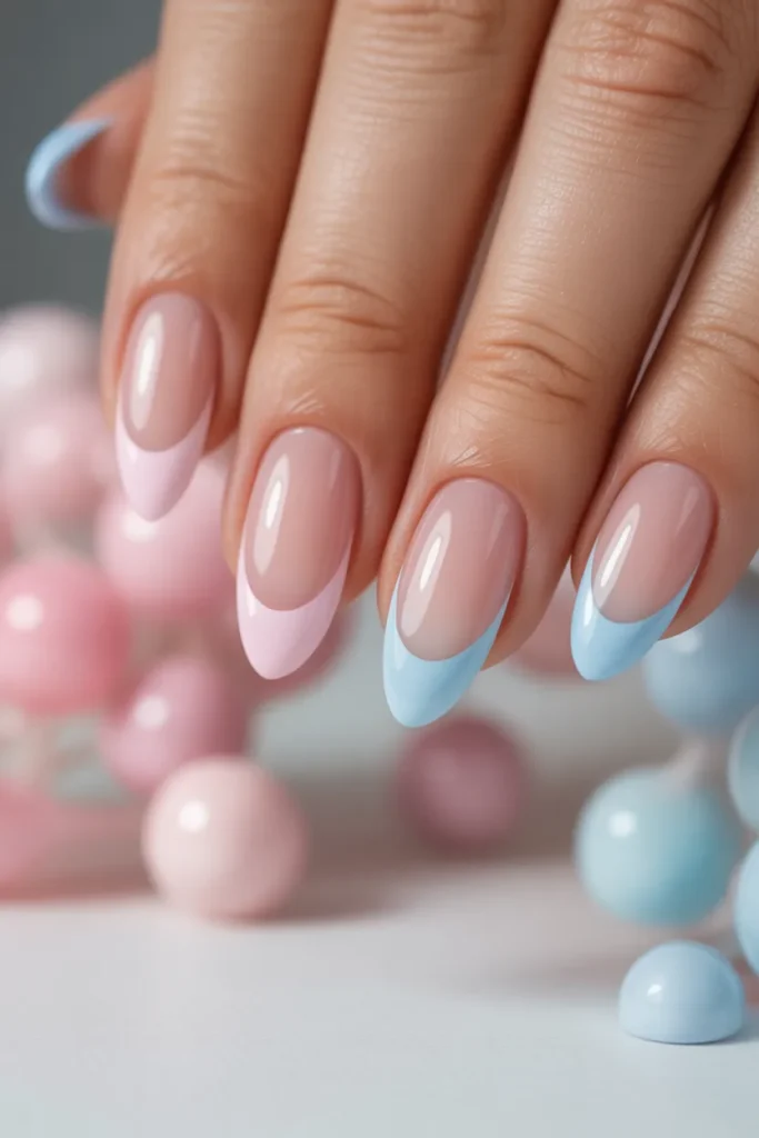 21. Gender Reveal Almond French Tips