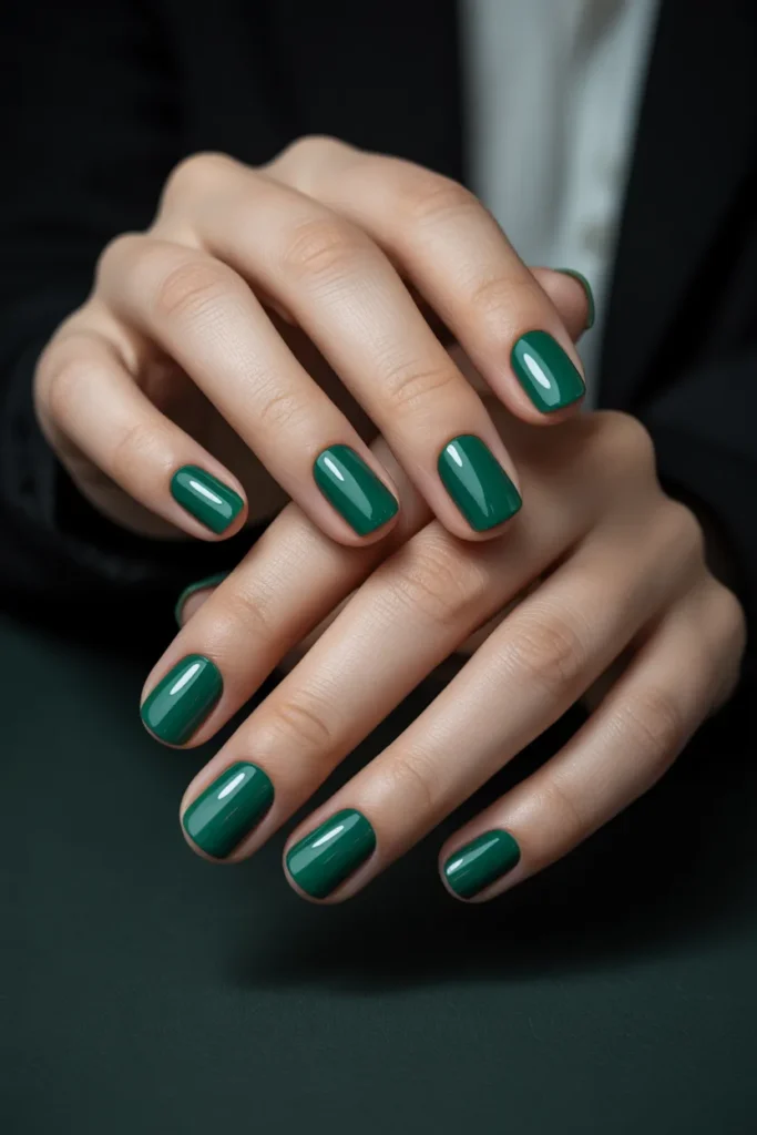 21. Glossy Bottle Green Short Nails