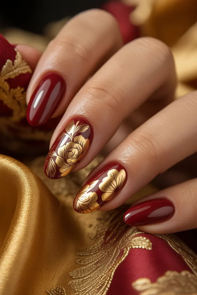 21. Hello Gorgeous Nails — Glam Red and Gold Bridal