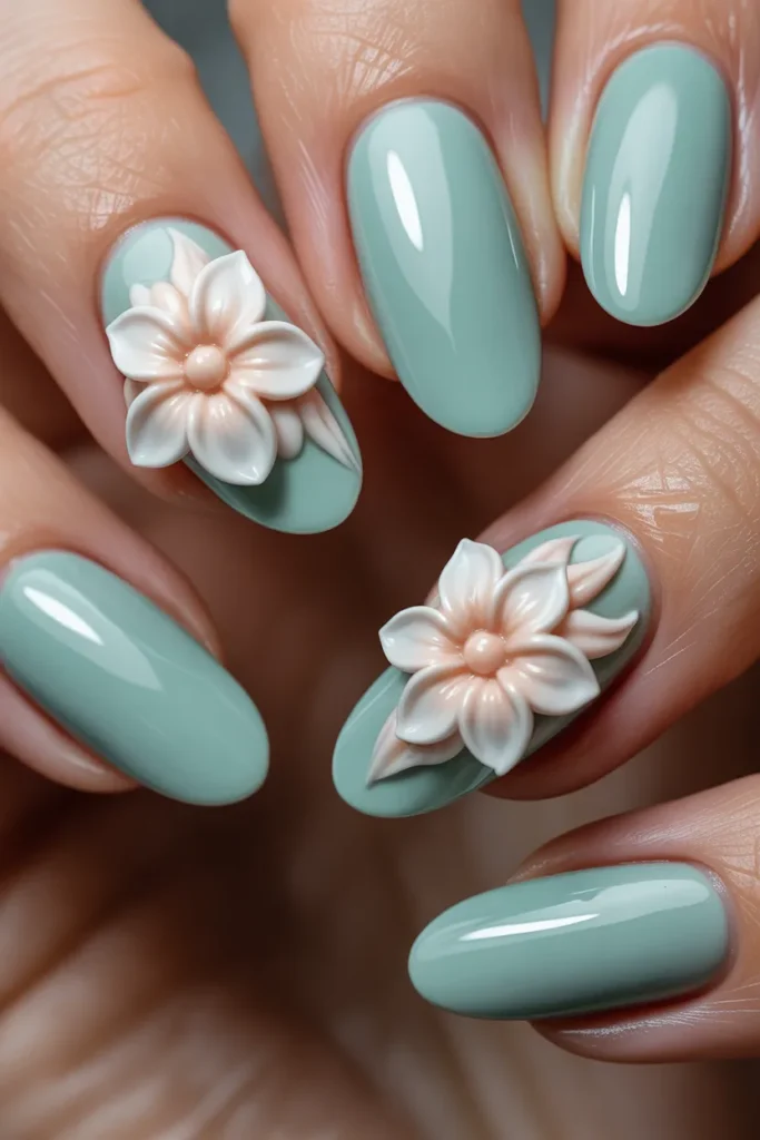 Mint Green Spring Nails 22 21. Mint Green Nails with 3D Flower Accents