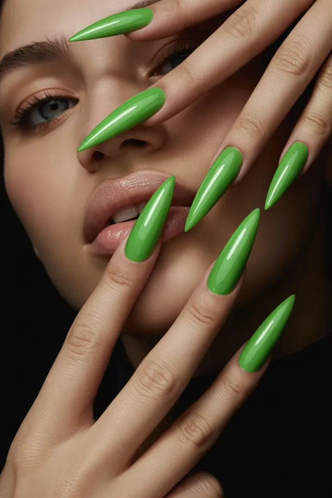 21. Spring Green Stiletto Nails