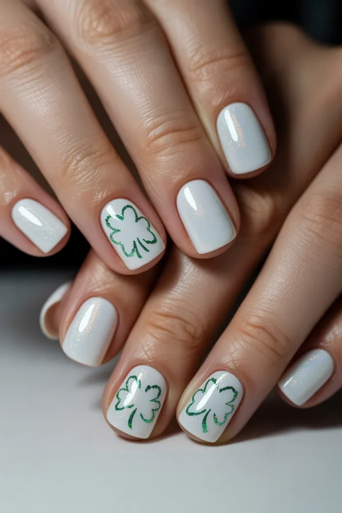 21. White Shamrock Nails with Green Glitter