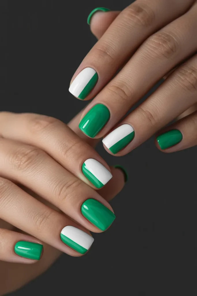 21. White and Green Geometric Nails
