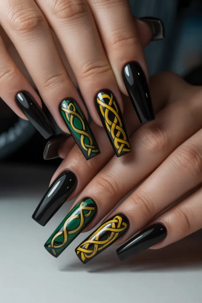22. Black Coffin Nails with Celtic Knot Art