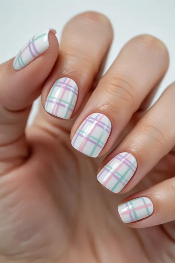 22. Easter Egg Nails — Pastel Plaid Pattern
