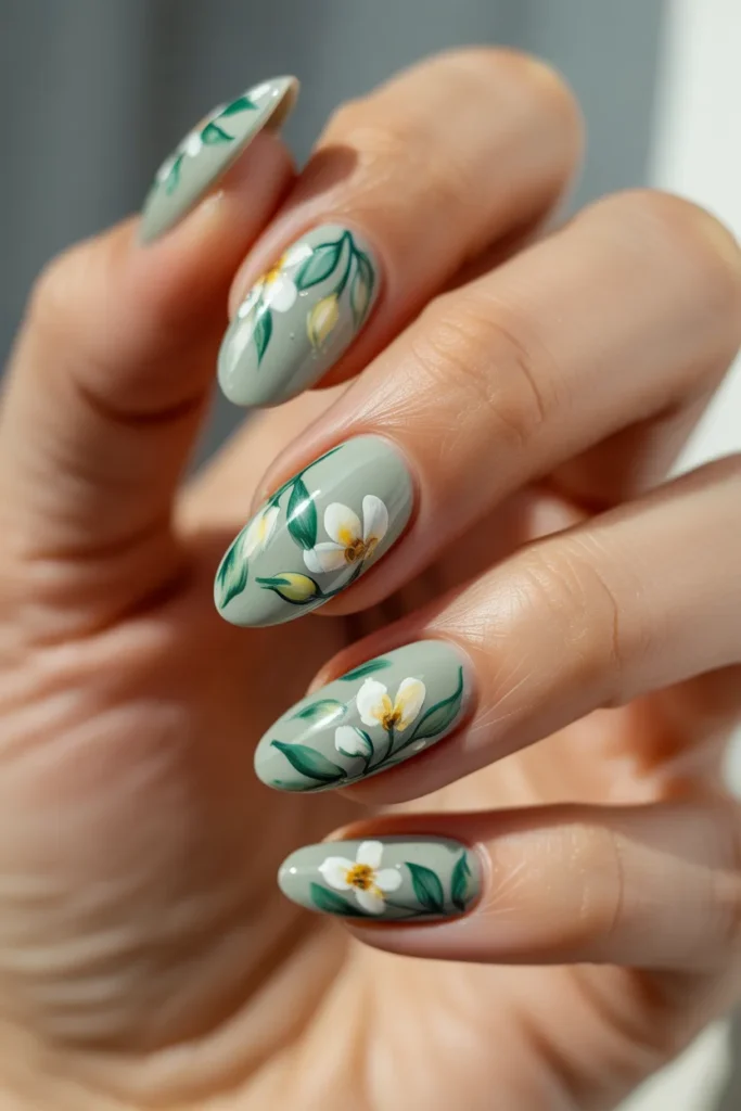 22. Floral Green Spring Nails