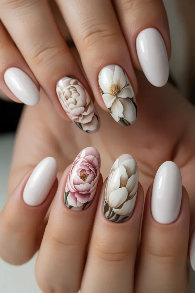 22. Floral Spring Nails — Peony and Magnolia