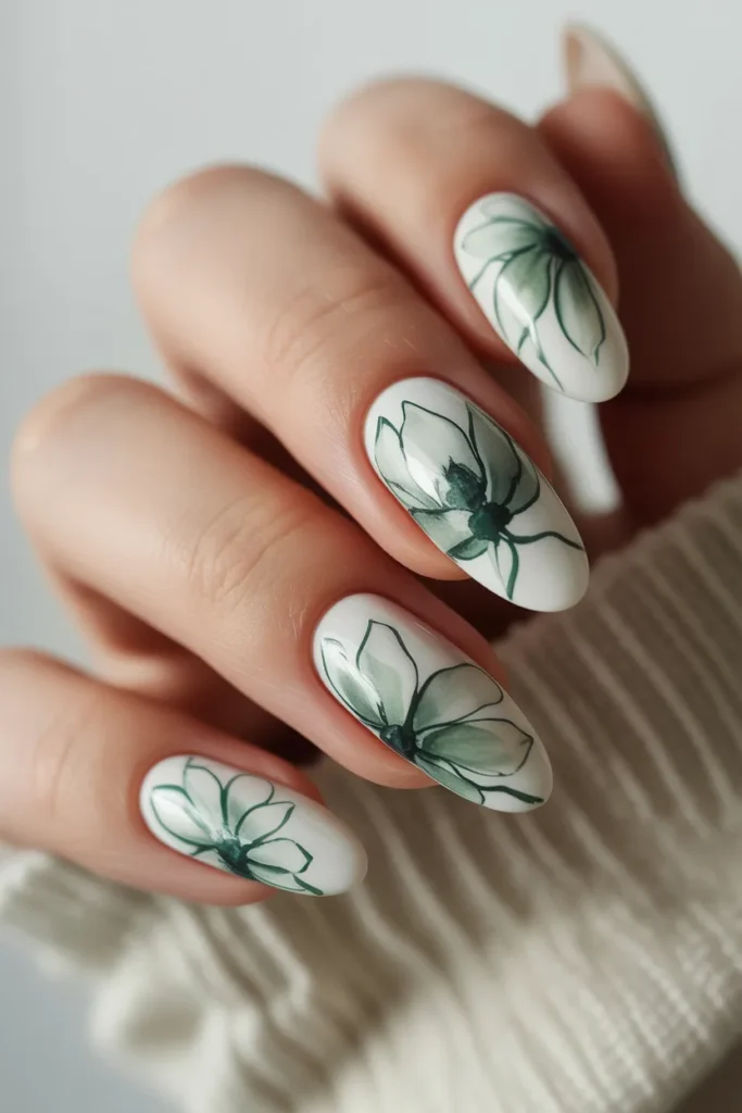 22. Green Floral Abstract Nails