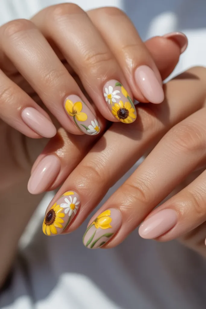 22. Pink and Yellow Floral Spring Nails