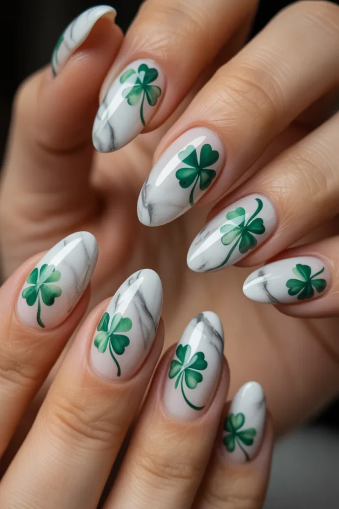 22. Shamrock Nails with Marble Effect