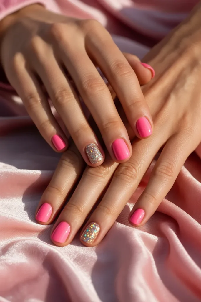22. Short Square Spring Nails — Glitter Accent Pink