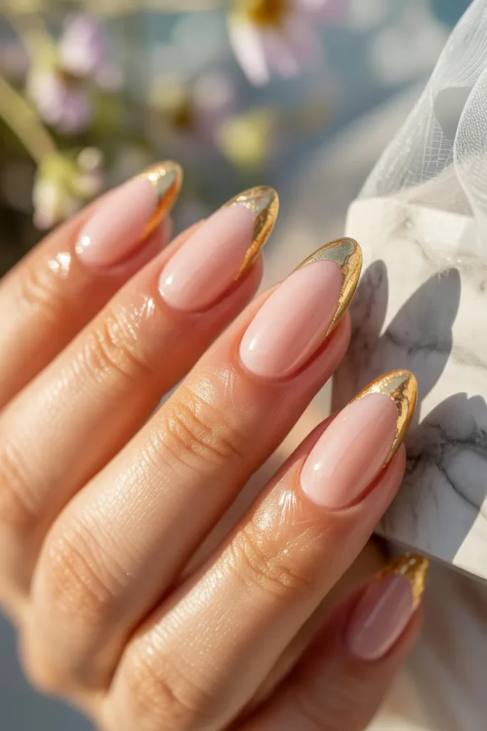 22. Simple Acrylic Easter Nails — Pastel Pink with Gold Foil Tip
