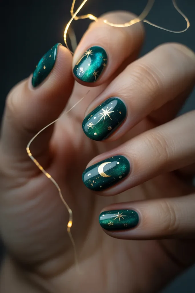 22. Stars and Moon Green Galaxy Nails