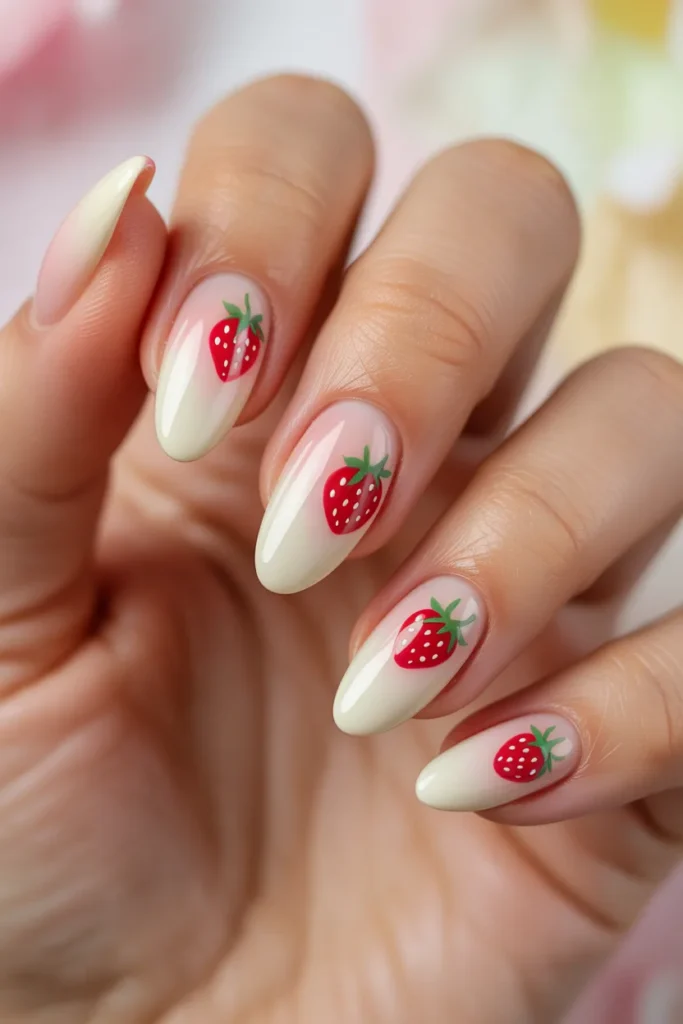 Strawberry Nail Art 23 22. Strawberry Nail Art with Cream and Pink Ombre