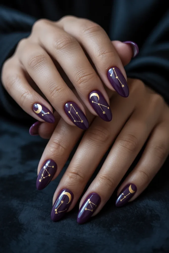 23. Aries Acrylic Nails — Purple and Gold Mystical