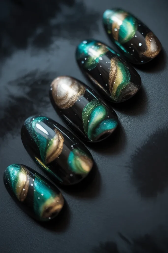 23. Black and Green Galaxy Nails for St. Patricks Day