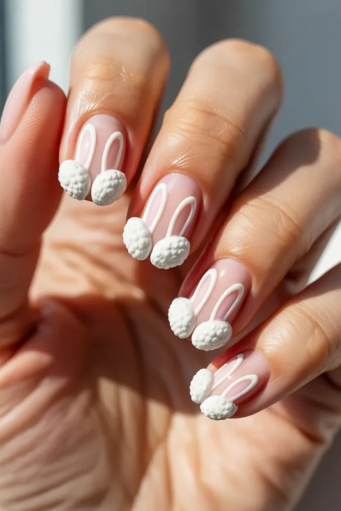 23. Cute Pastel Easter Nails — Bunny Tail French Tip