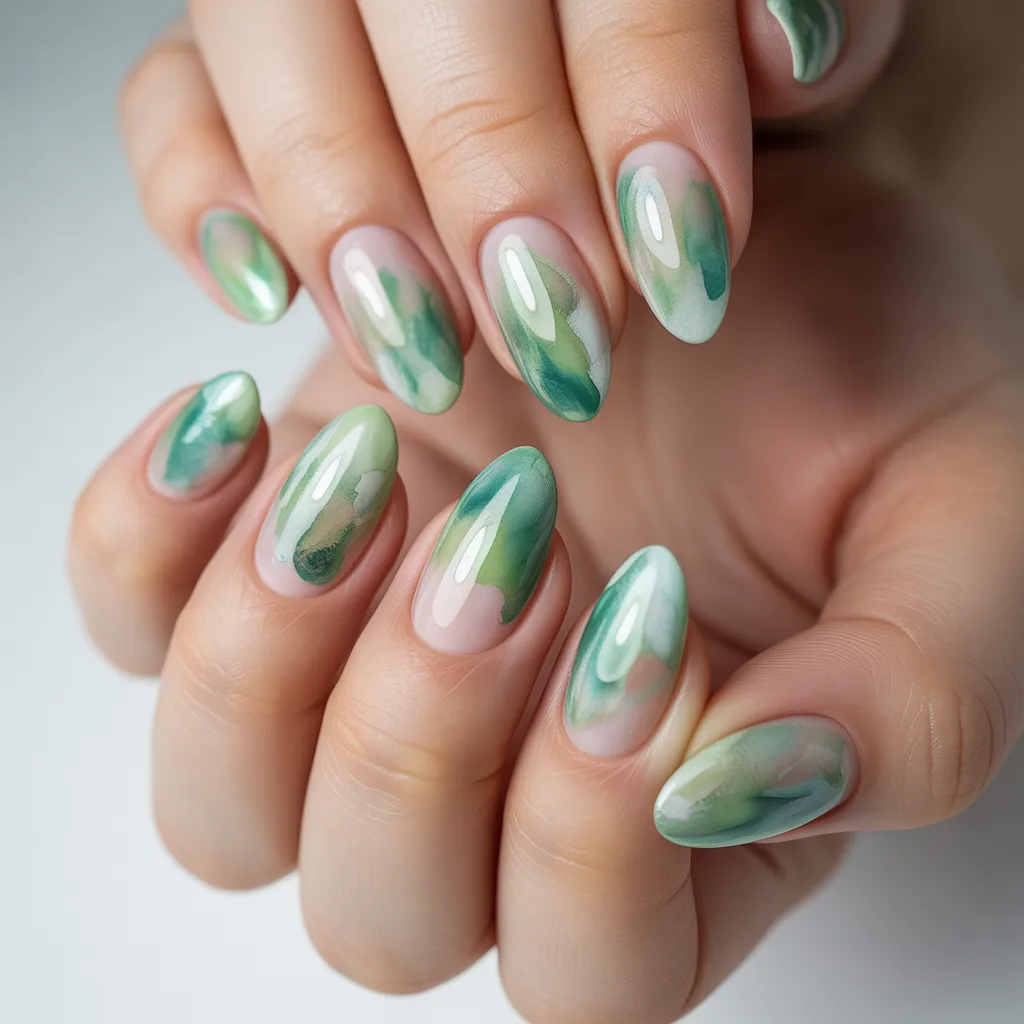 23. Cute Watercolour Green Nails