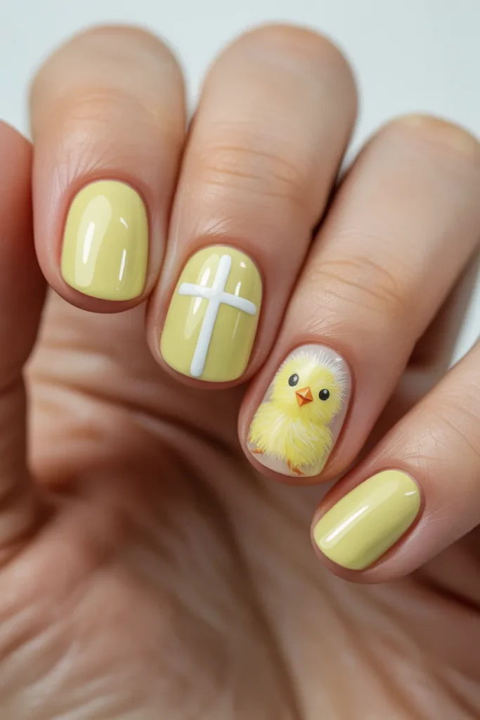 23. Easter Short Nails — Simple Cross or Chick Detail