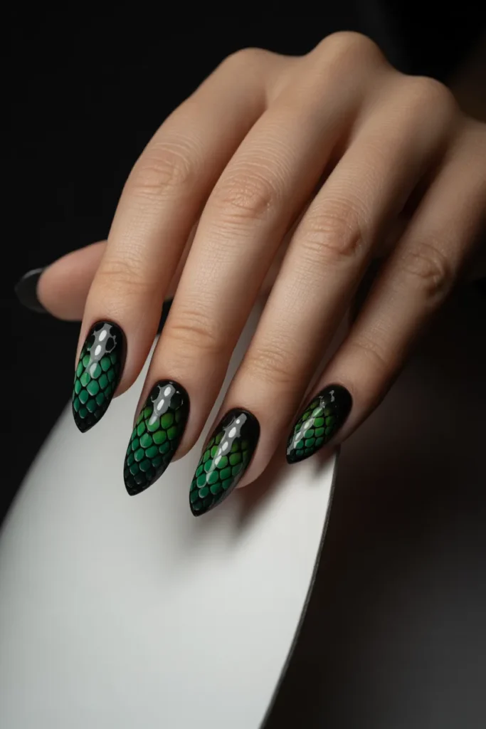 23. Green Snake Print Nails