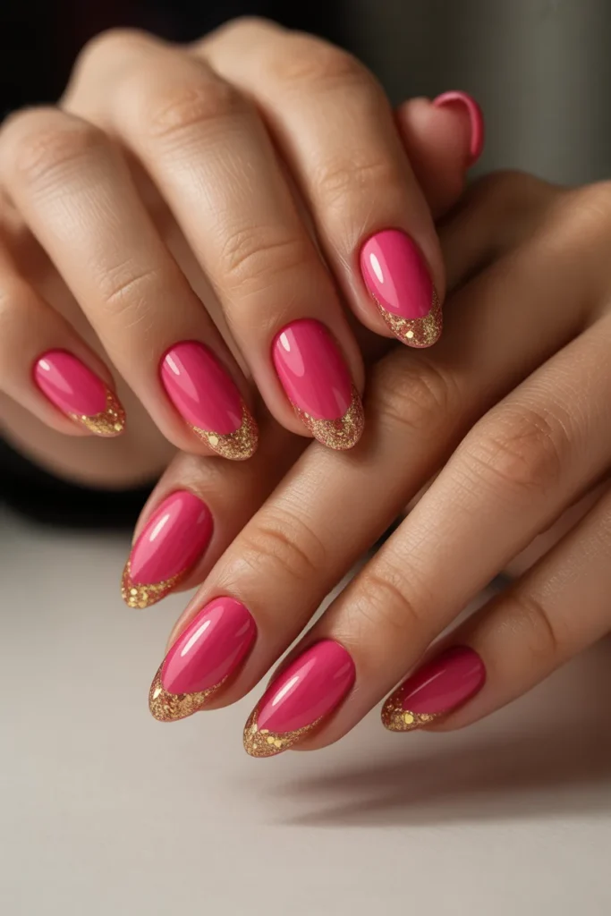 23. Hot Pink Nails with Gold Glitter Tips
