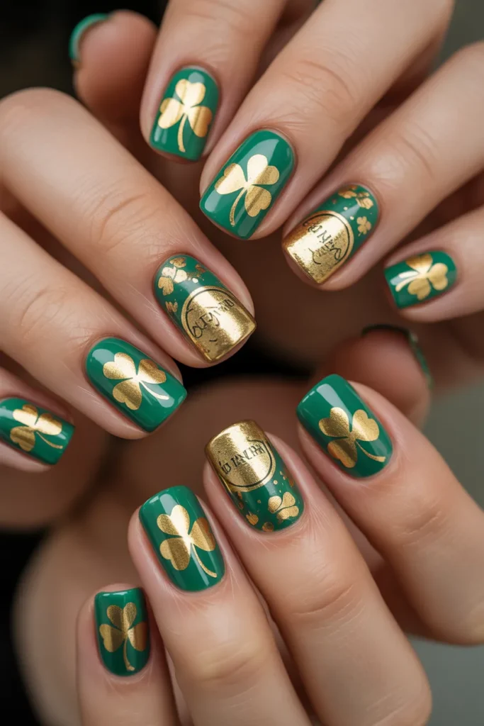 23. Irish Nails Designs — Gold Coin and Clover
