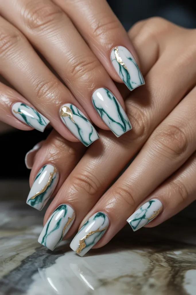 23. Marble Effect Green Nails