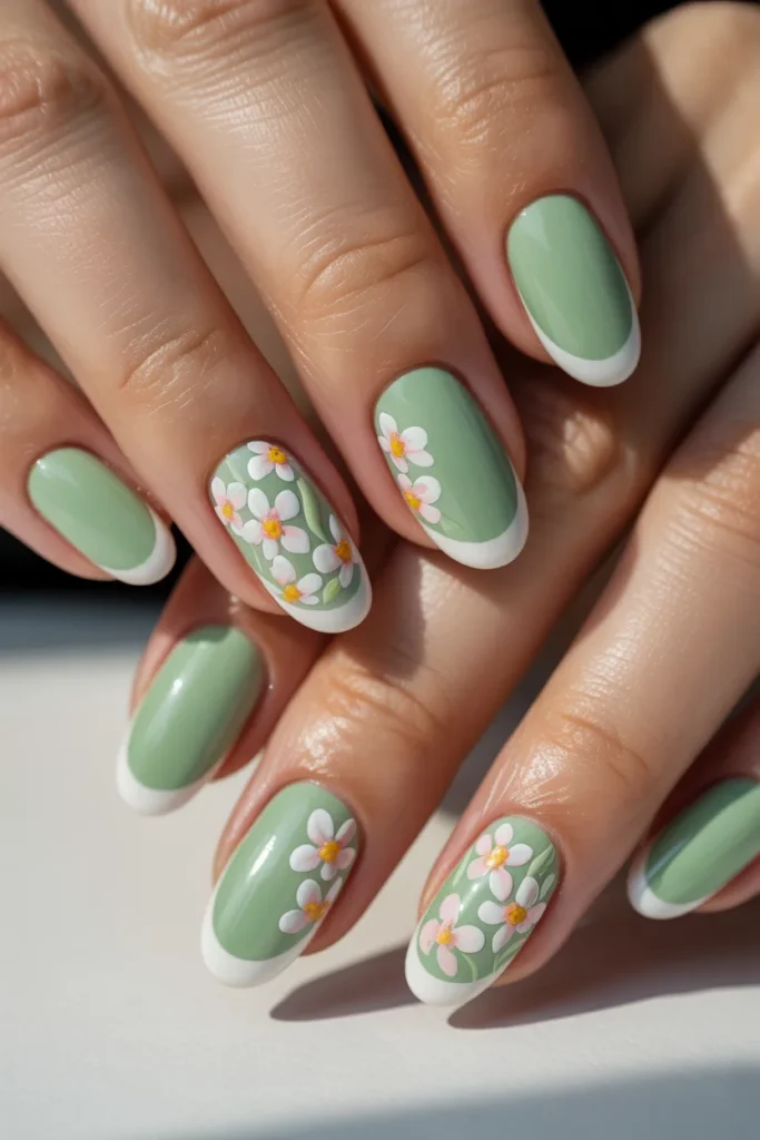 Mint Green Spring Nails 24 23. Mint Green Nails with White Floral French Tip