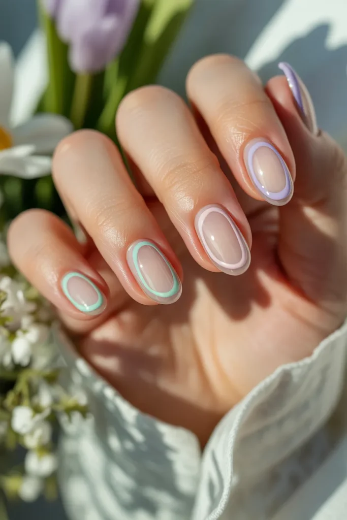 23. Negative Space Easter Egg Nails — Minimal Outline Art