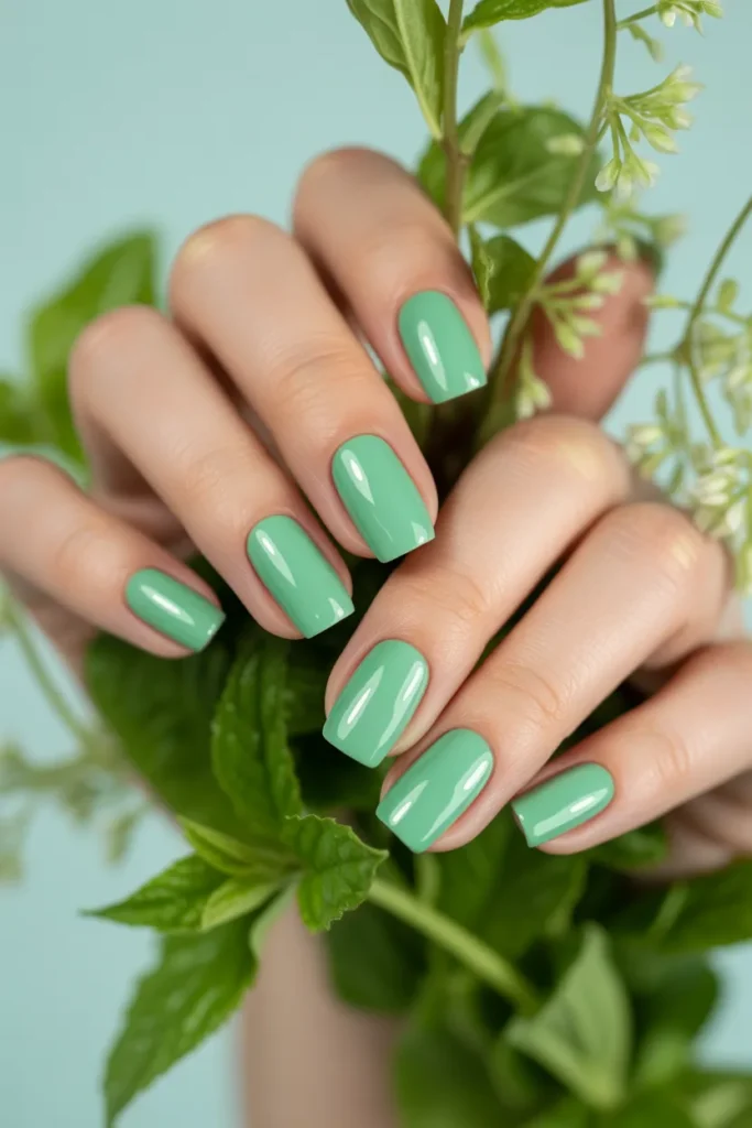 23. Simple Spring Nail Ideas — Mint Green Coffin Dip 1