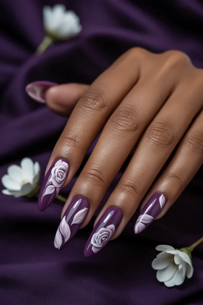 23. Spring Nail Ideas Purple Floral Acrylic