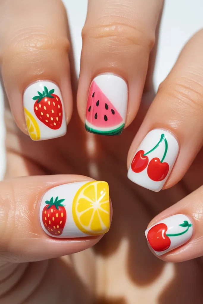 Strawberry Nail Art 24 23. Strawberry Themed Nails with Mixed Fruit