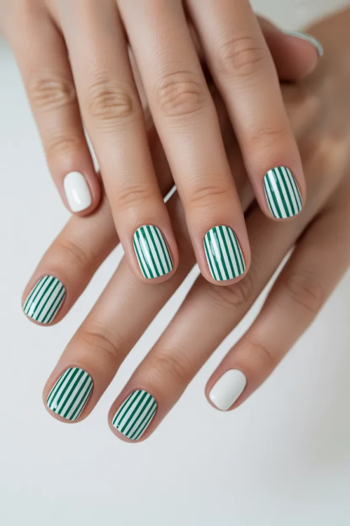 23. Striped Green and White Nails
