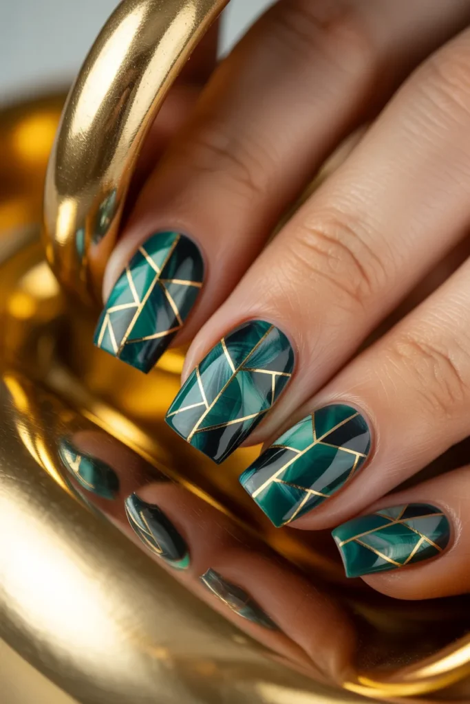 23. Teal and Gold Mosaic Nails