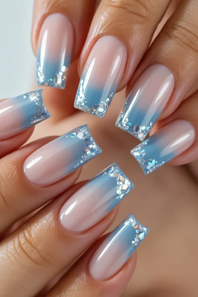 23.Blue Ombre French with Glitter Tips